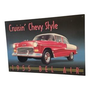 Cruisin' Chevy Style 1955 Bel Air Red Car Metal Sign 16”x11” Man Cave Wall Decor